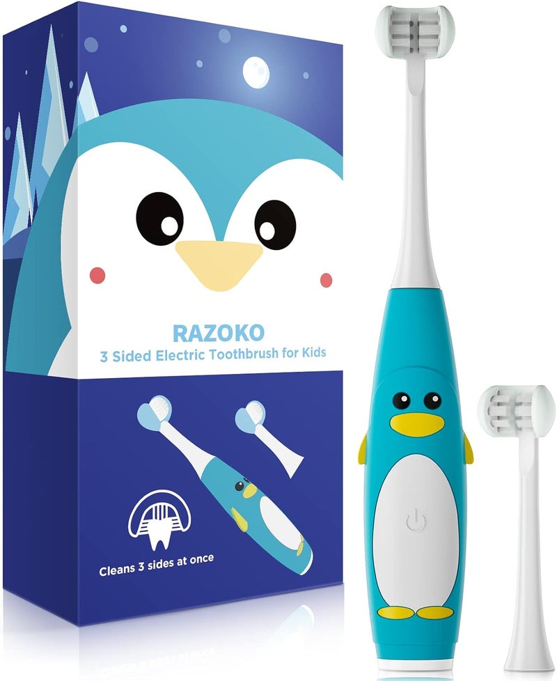 RAZOKO Kids Electric Toothbrush 3 Sided Toothbrush,Sonic Toddler Toothbrush with 2 Brush Heads, Intelligent Timer 5 Gears Adjustment,Ipx7 Waterproof,USB Cable - Image 1